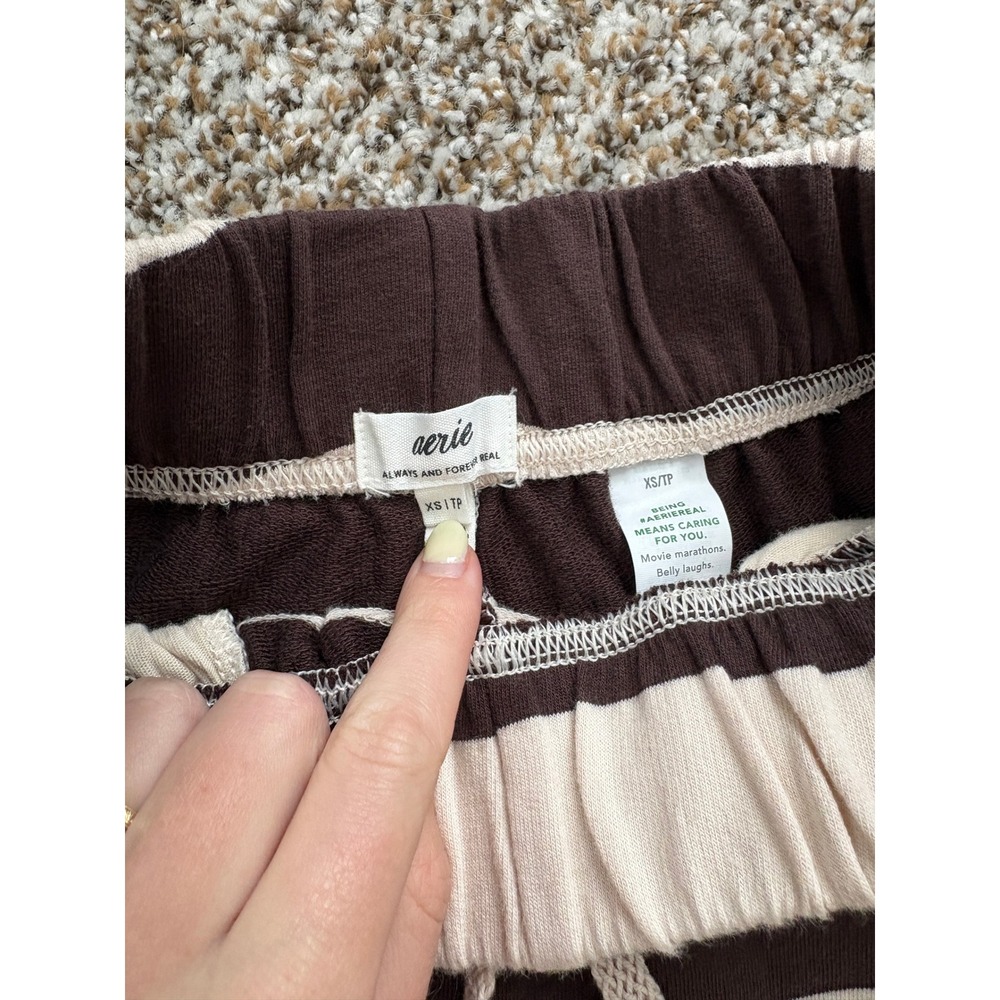 Aerie Poolside Terry Short Dolphin Shorts XS Brown Cream Striped Pockets - Picture 2 of 4